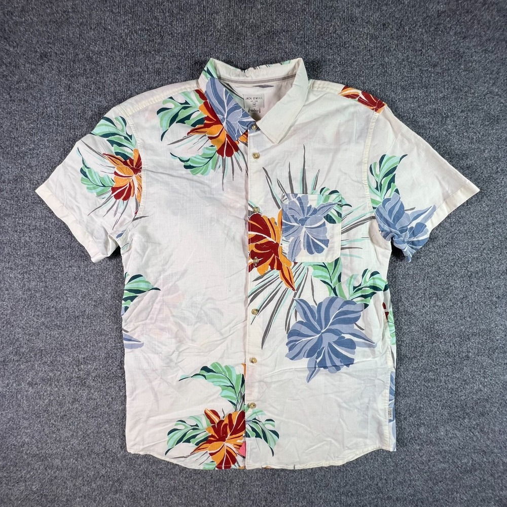 Jack O'Neill Button-Up Shirt Mens L White Cotton Botanical Floral Hawaiian Beach